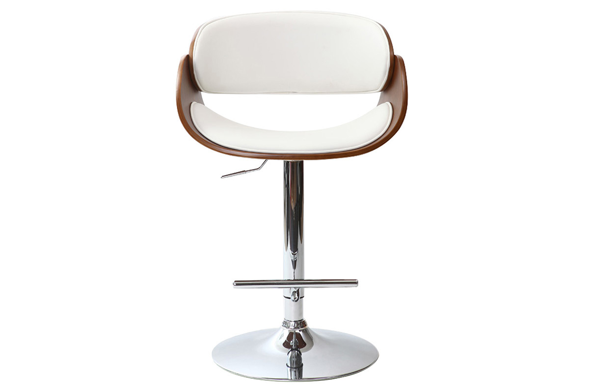 Tabouret de bar design r�glable blanc et bois fonc� BENT