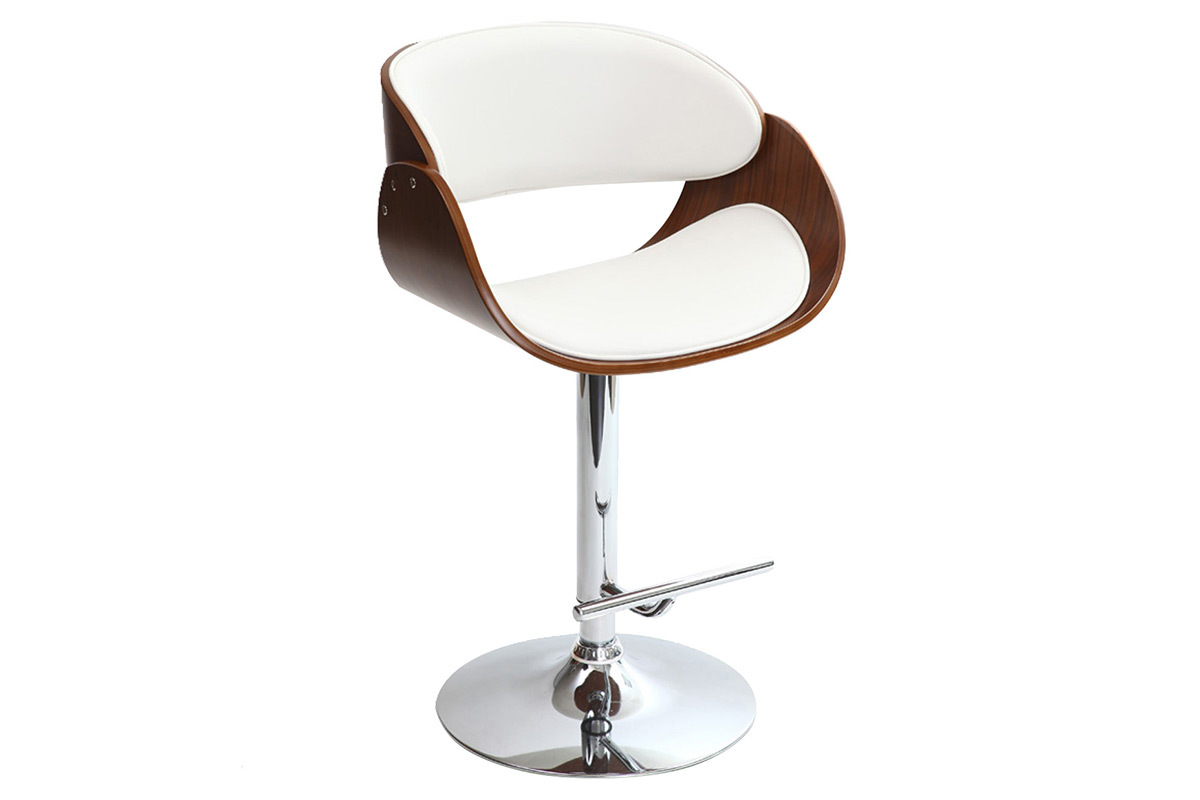 Tabouret de bar design r�glable blanc et bois fonc� BENT