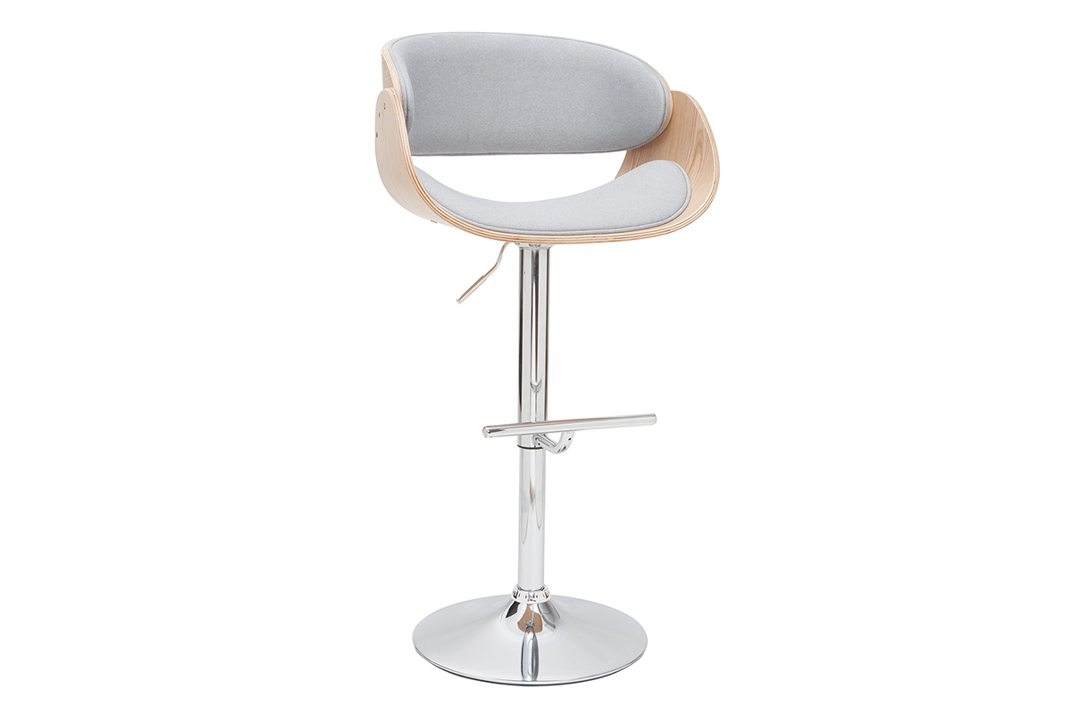 Tabouret de bar design r�glable en tissu gris clair et bois clair BENT
