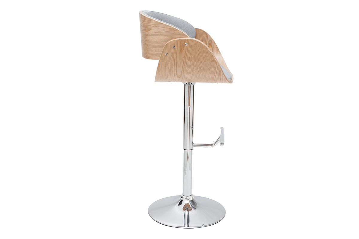 Tabouret de bar design r�glable en tissu gris clair et bois clair BENT