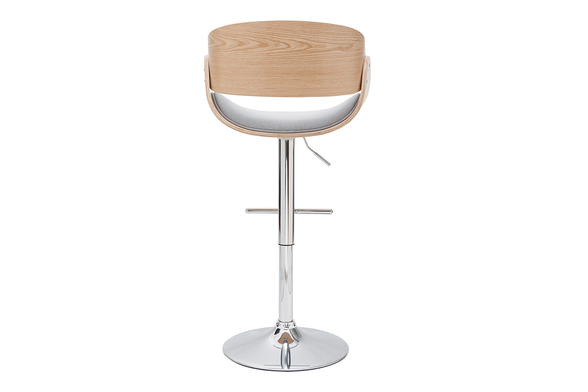 Tabouret de bar design r�glable en tissu gris clair et bois clair BENT