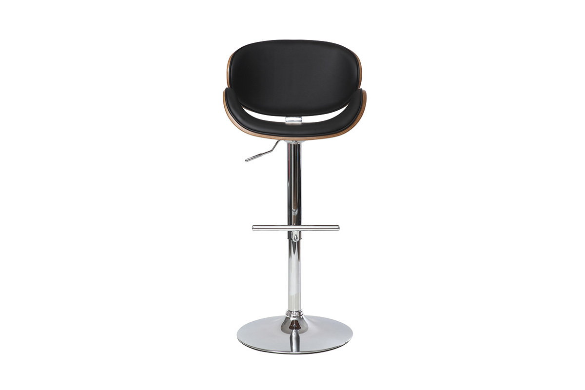 Tabouret de bar noir en polyur�thane, structure en bois fonc�, pied en m�tal chrom�, vue frontale.