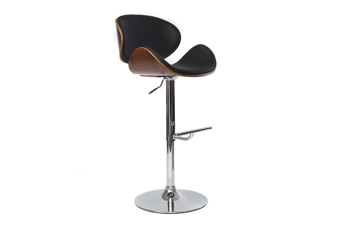 Tabouret de bar noir, bois fonc�, m�tal chrom�, vue de 3/4.