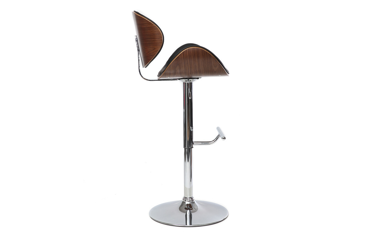 Tabouret de bar noir bois et m�tal chrom�, vue de profil.