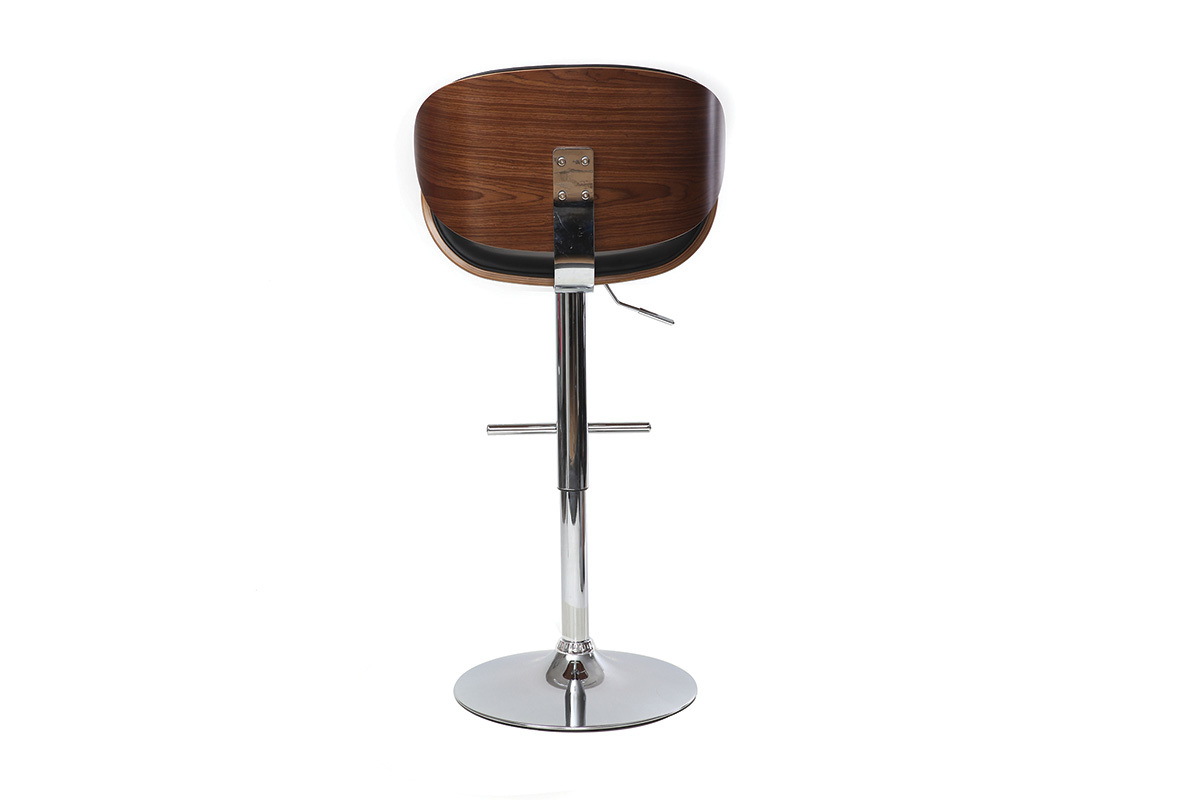 Tabouret de bar noir et bois fonc�, m�tal chrom�, vue arri�re.