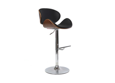 Tabouret de bar design r&eacute;glable noir, bois fonc&eacute; et m&eacute;tal chrom&eacute; WALNUT