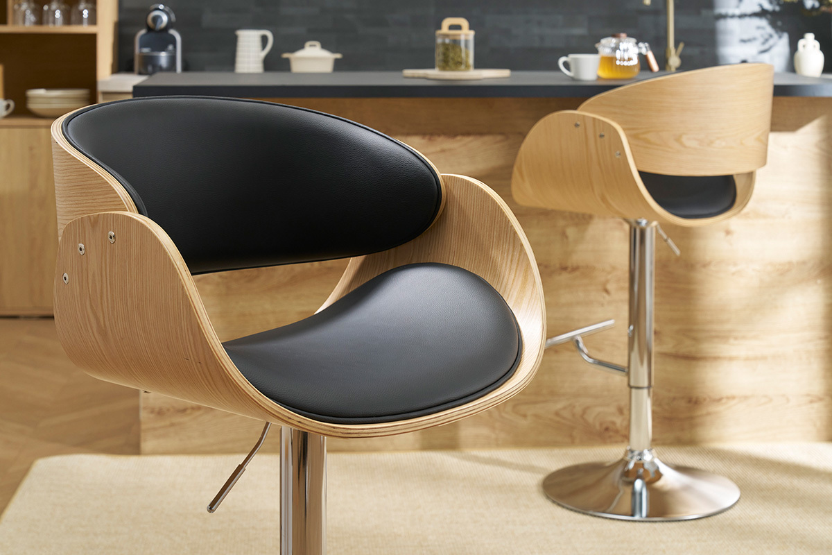 Tabouret de bar design r�glable noir et bois clair BENT
