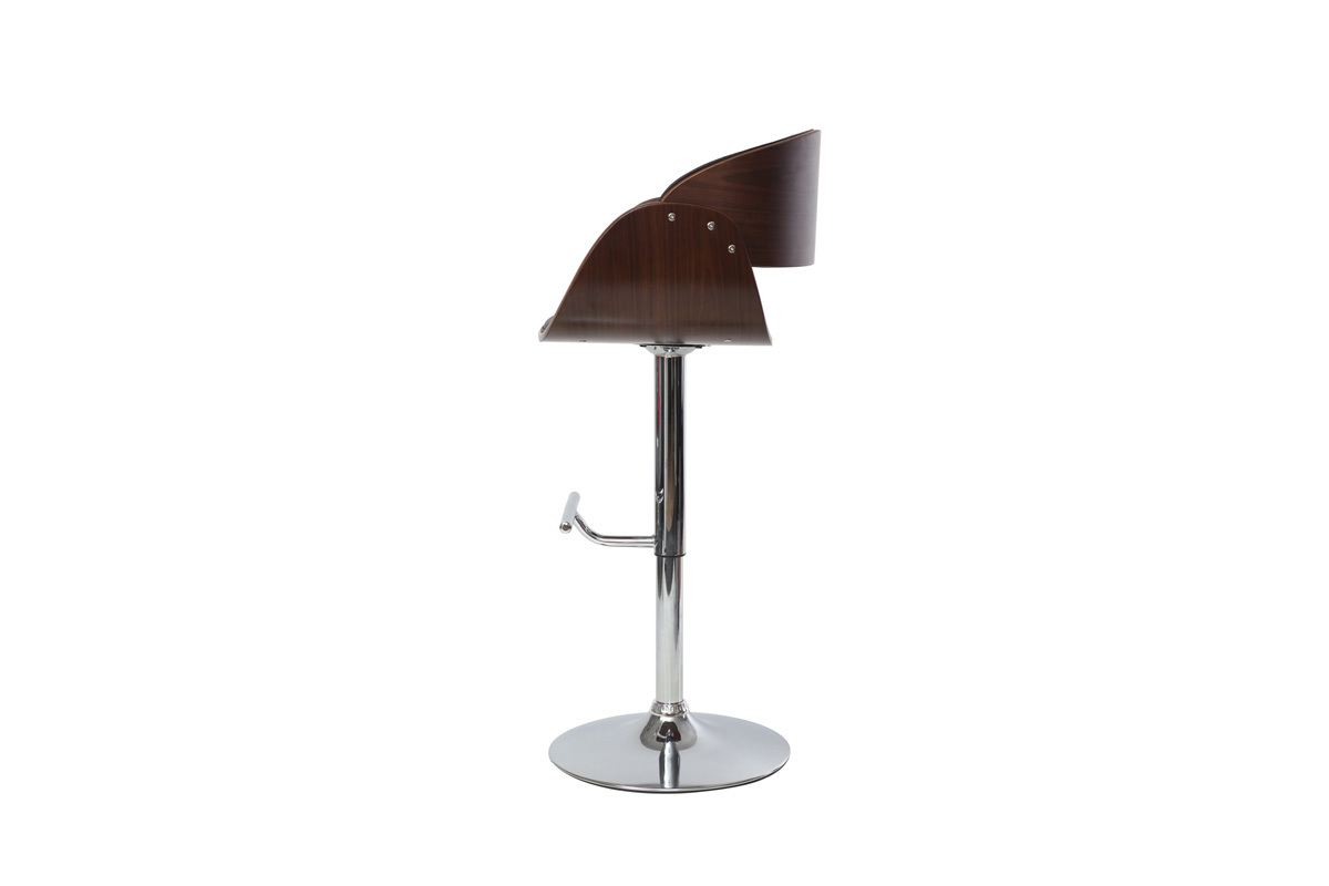 Tabouret de bar design r�glable noir et bois fonc�, vue de profil, avec structure en m�tal chrom�.