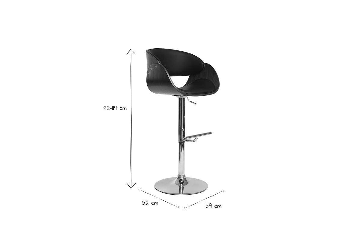 Dimensions du tabouret de bar BENT : 92-114 cm de hauteur, 52 cm de largeur, 59 cm de profondeur en noir et blanc.