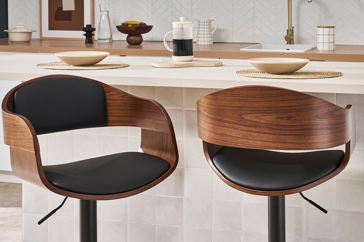 Tabouret de bar design r�glable noir et bois fonc� EUSTACHE