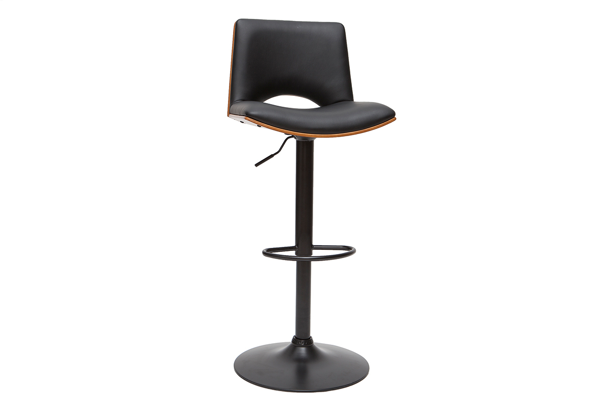 Tabouret de bar noir et bois fonc� avec pied central r�glable et si�ge rembourr� vu de 3/4.