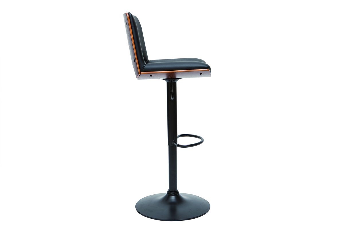 Tabouret de bar noir et bois fonc�, vue de profil, r�glable en hauteur.