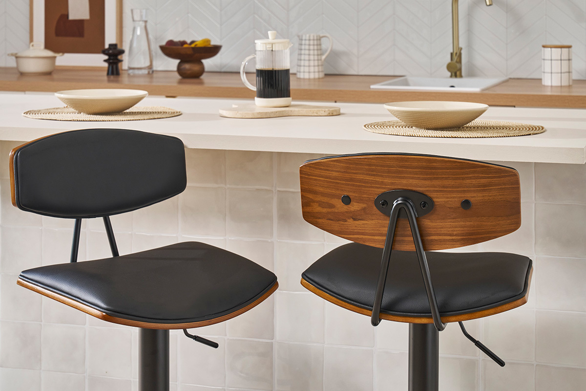 Tabouret de bar design r�glable noir et bois fonc� VASCO