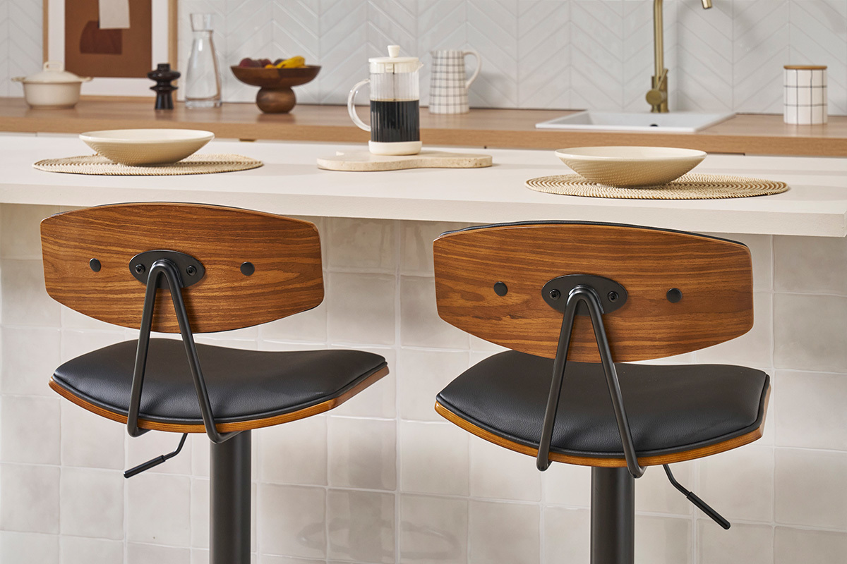 Tabouret de bar design r�glable noir et bois fonc� VASCO