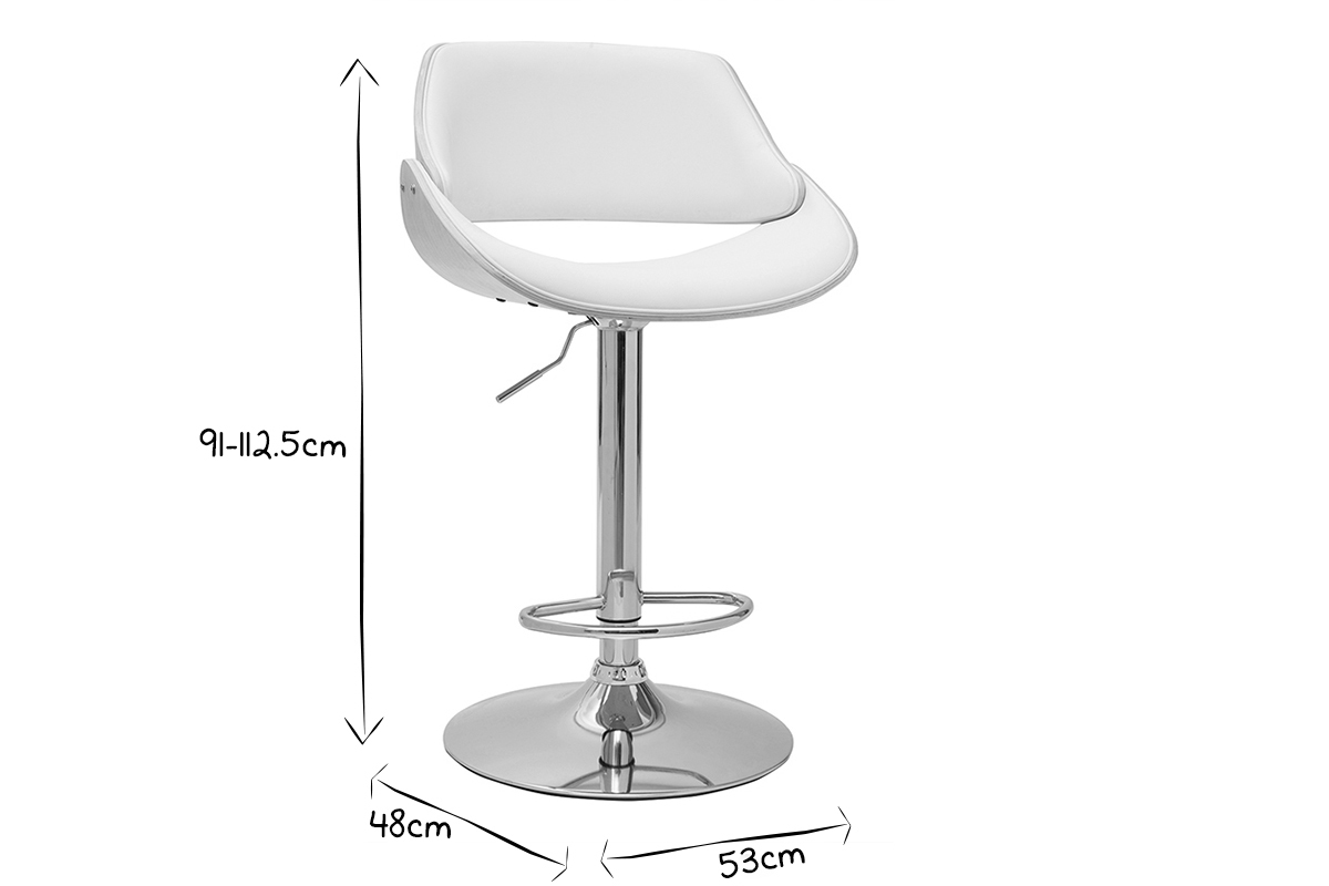 Dimensions du tabouret de bar design CLASH en noir et blanc : hauteur 91-112,5 cm, profondeur 48 cm, largeur 53 cm.