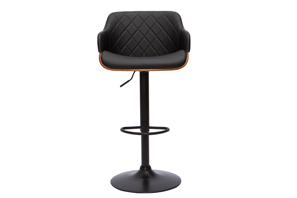 Tabouret de bar LUCIEN noir et bois fonc�, design r�glable, vue de face avec dossier et repose-pieds.