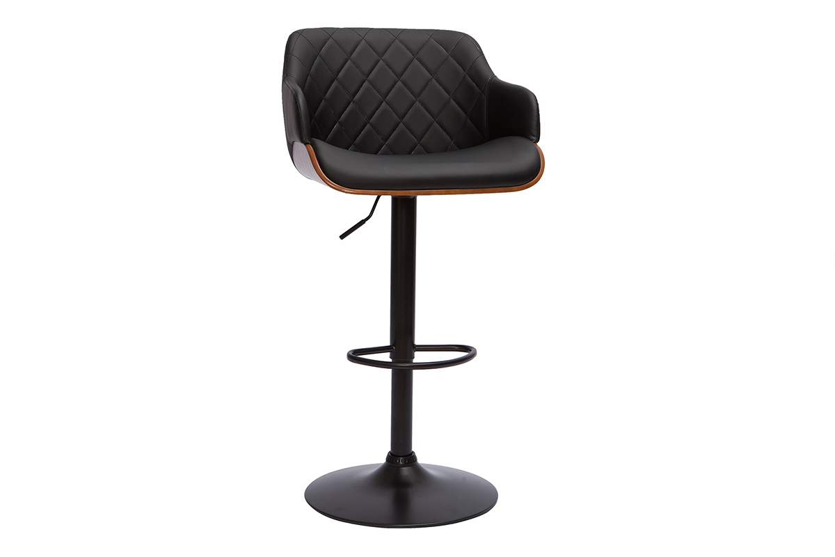 Tabouret de bar design r�glable 360� noir et bois fonc�, avec dossier et assise confortable, vue de 3/4.