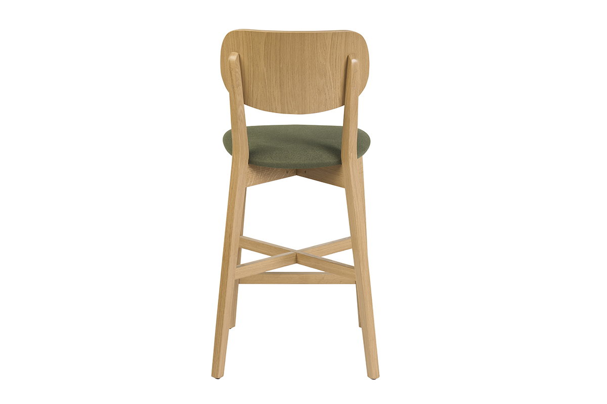 Tabouret de bar LUCIA en bois clair et tissu vert kaki, vue de dos, hauteur 65 cm.