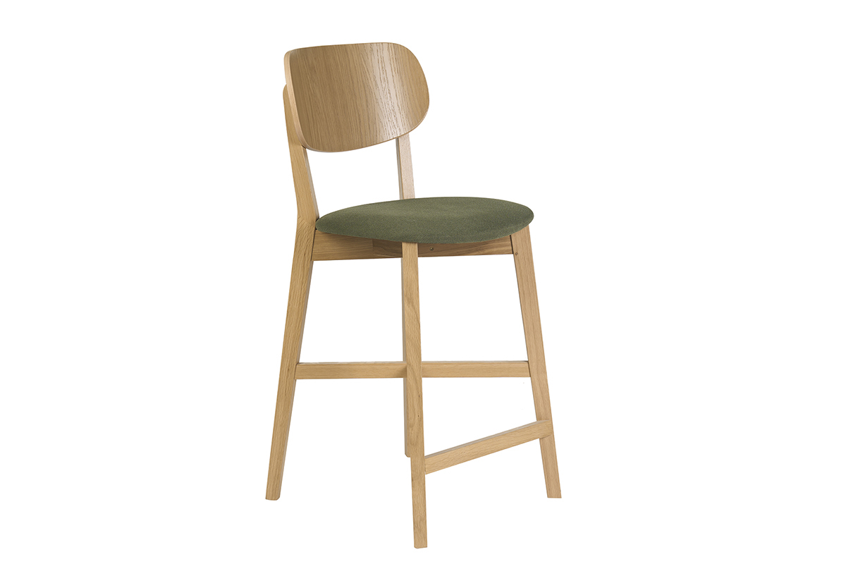 Tabouret de bar en bois clair ch�ne et tissu vert kaki, vue de 3/4, hauteur 65 cm