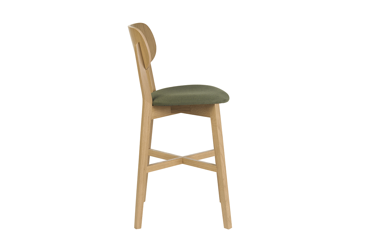 Tabouret de bar H65 cm en bois clair ch�ne et tissu vert kaki, vue de profil.