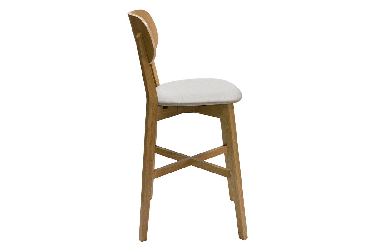 Tabouret de bar en bois clair ch�ne massif et tissu beige H65 cm LUCIA
