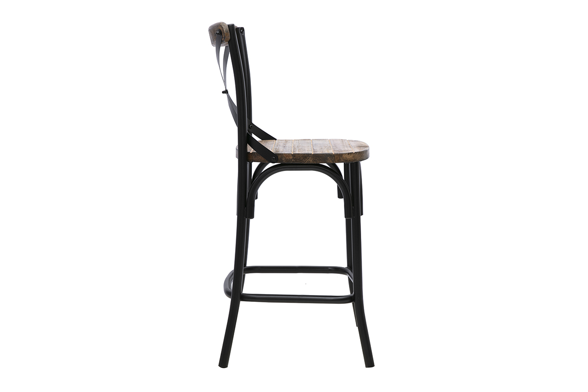 Tabouret de bar industriel JAKE en bois et m�tal noir, vue de profil