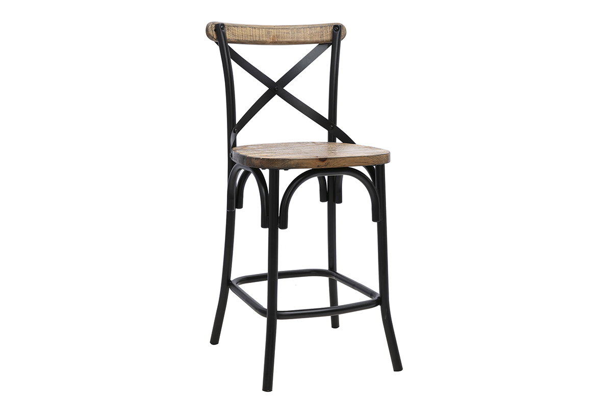 Tabouret de bar industriel JAKE en bois et m�tal noir, vue de 3/4, hauteur de 65 cm