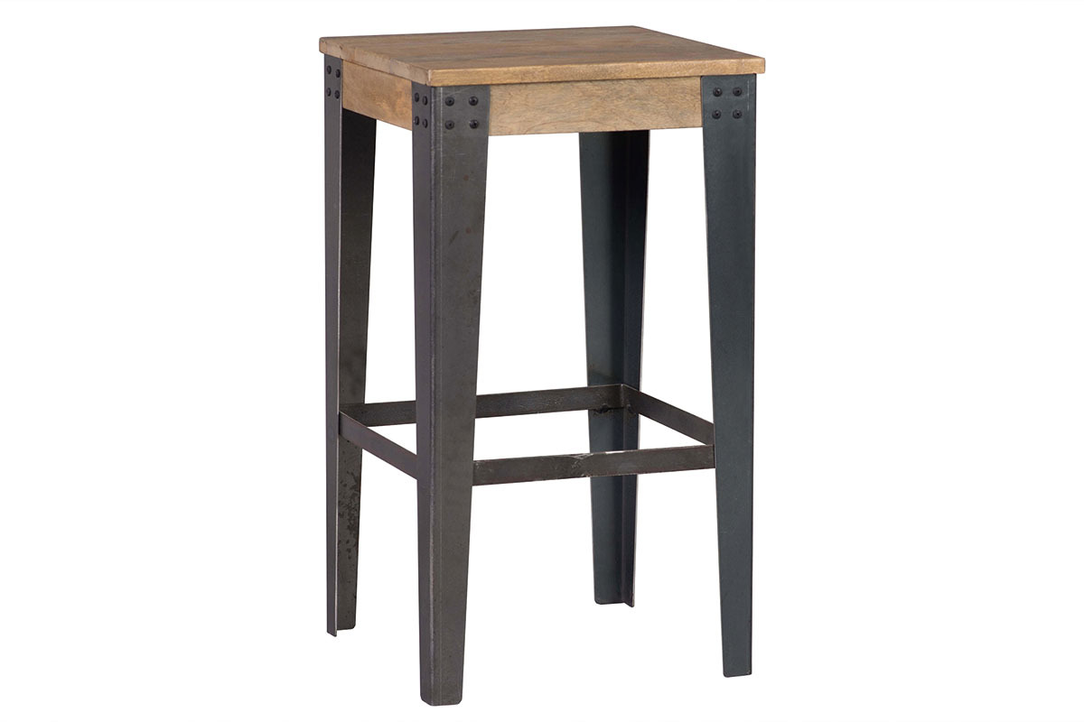 Tabouret de bar industriel m�tal et bois manguier massif H65 cm MADISON