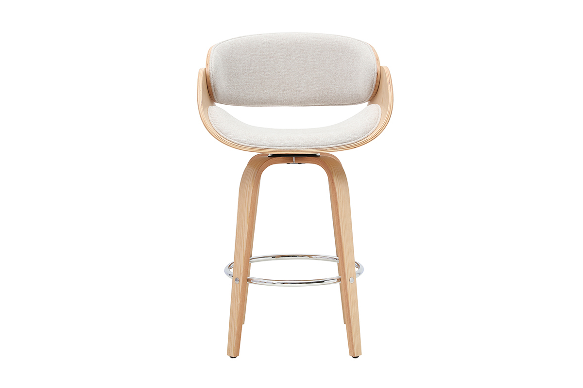 Tabouret de bar pivotant en tissu beige et bois clair, vue de face.