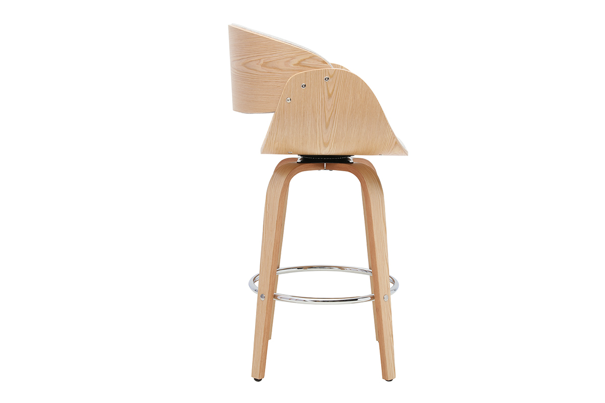 Tabouret de bar pivotant en tissu beige, vue de profil, pi�tement en bois clair et repose-pied en m�tal chrom�.