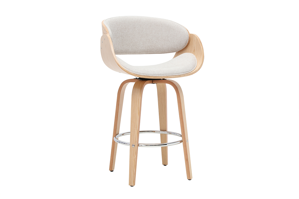 Tabouret de bar pivotant beige en tissu effet velours, pieds en bois clair, vue de 3/4.