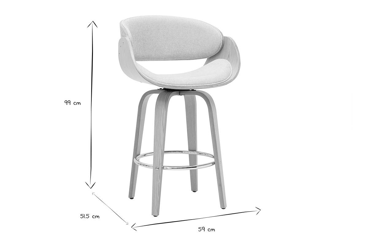 Dimensions du tabouret de bar BENT en noir et blanc, hauteur 99 cm, profondeur 59 cm, largeur 51,5 cm.