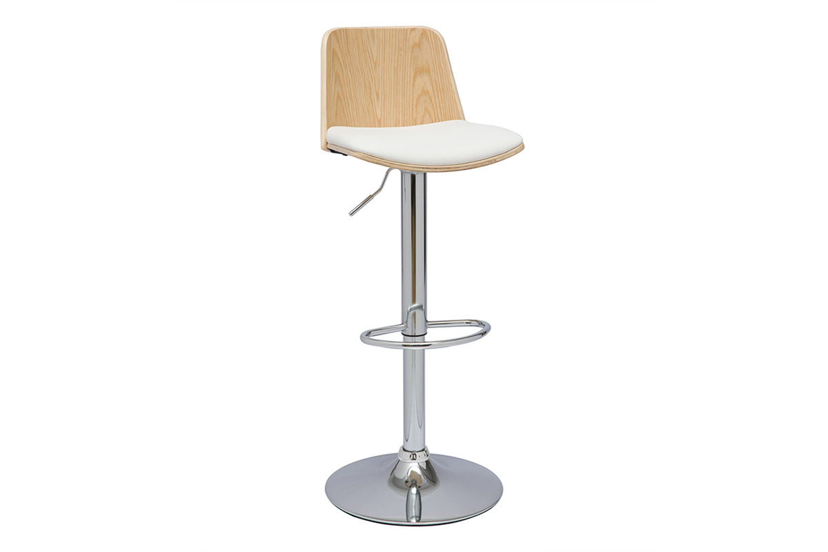 Tabouret de bar r�glable blanc, bois clair et pied chrom� DOA