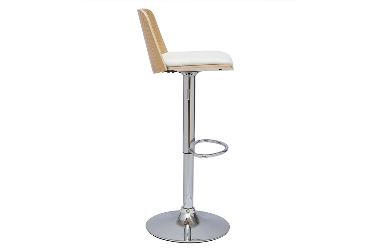 Tabouret de bar r�glable blanc, bois clair et pied chrom� DOA