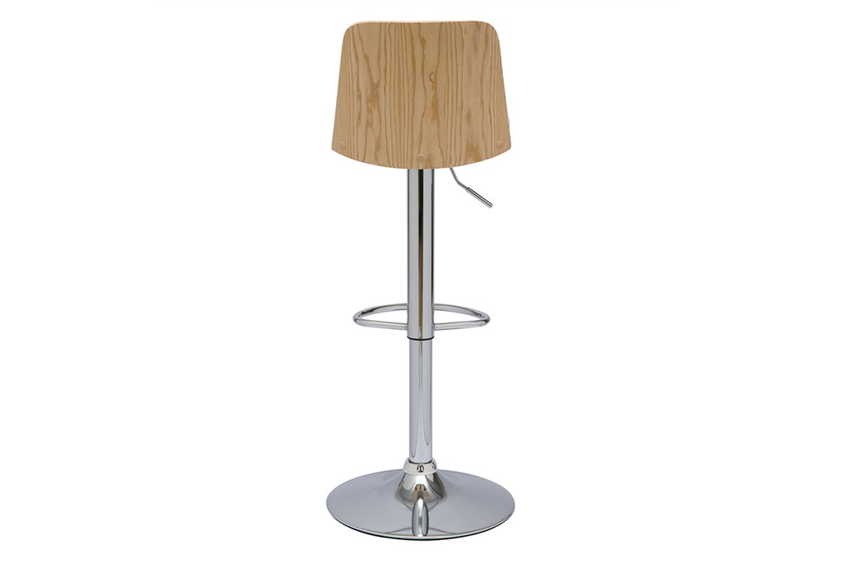Tabouret de bar r�glable blanc, bois clair et pied chrom� DOA