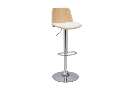 Tabouret de bar r&eacute;glable blanc, bois clair et pied chrom&eacute; DOA
