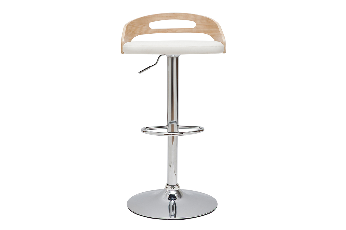 Tabouret de bar r�glable design blanc et bois clair MANO