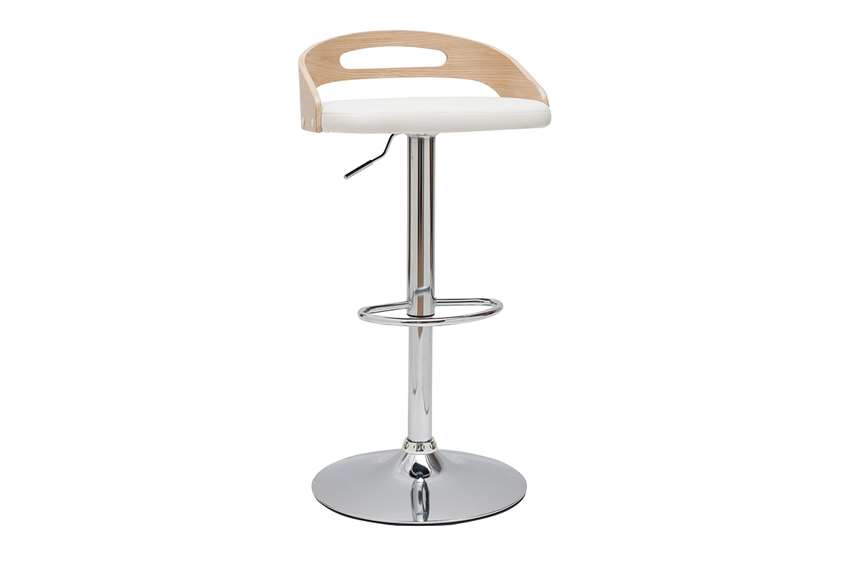 Tabouret de bar r�glable design blanc et bois clair MANO
