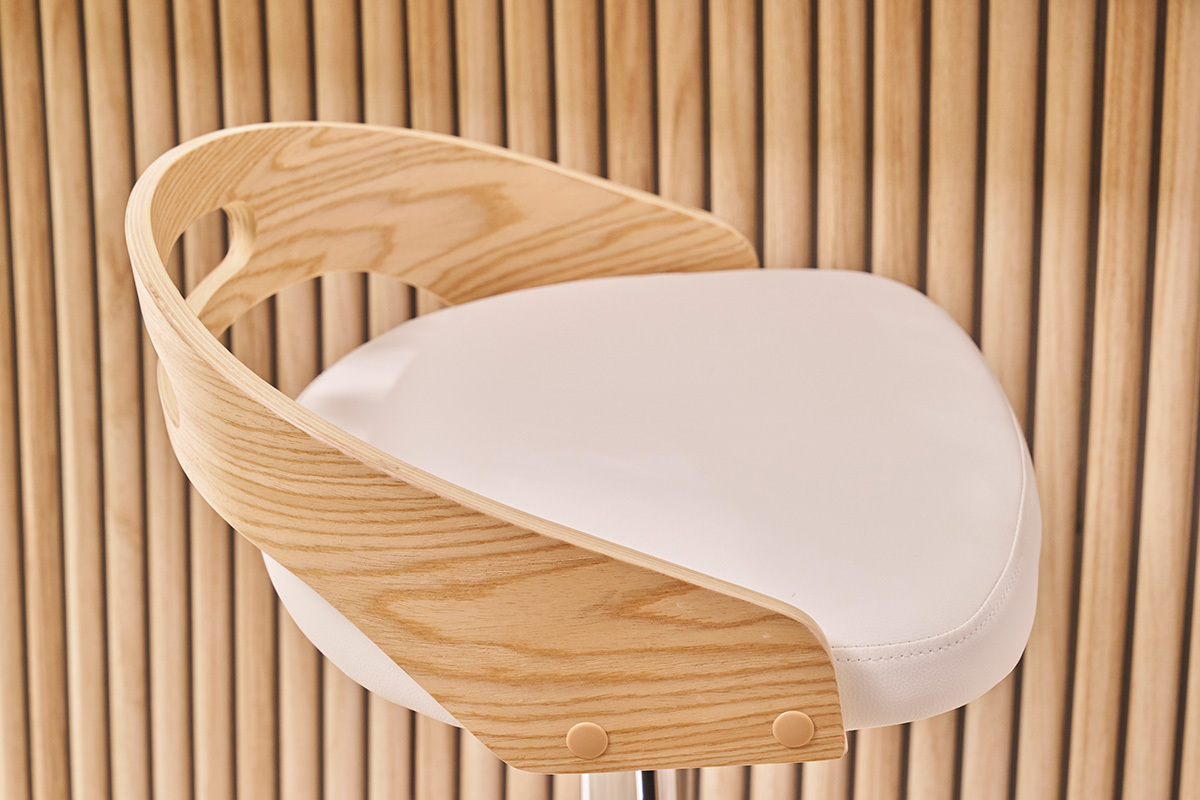 Tabouret de bar r�glable design blanc et bois clair MANO