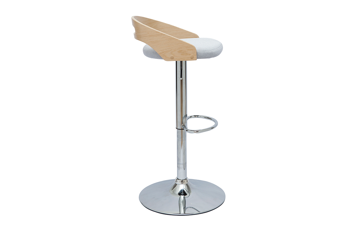 Tabouret de bar r�glable design bois clair et tissu gris clair MANO