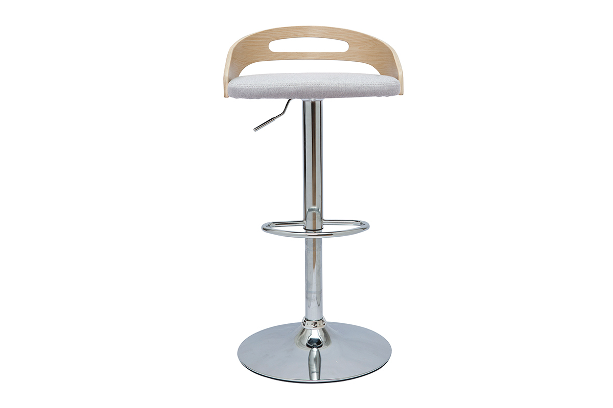 Tabouret de bar r�glable design bois clair et tissu gris clair MANO
