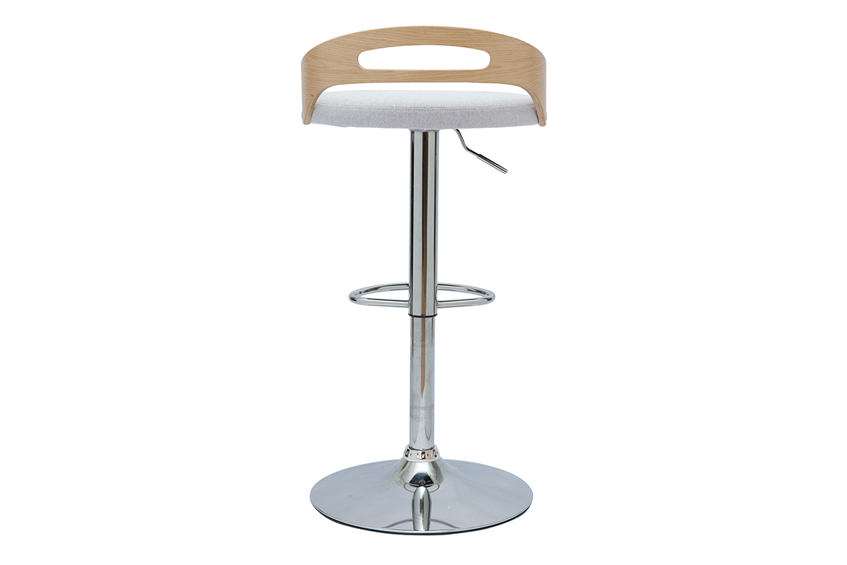 Tabouret de bar r�glable design bois clair et tissu gris clair MANO