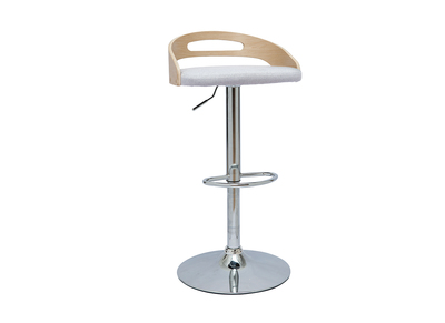 Tabouret de bar r&eacute;glable design bois clair et tissu gris clair MANO