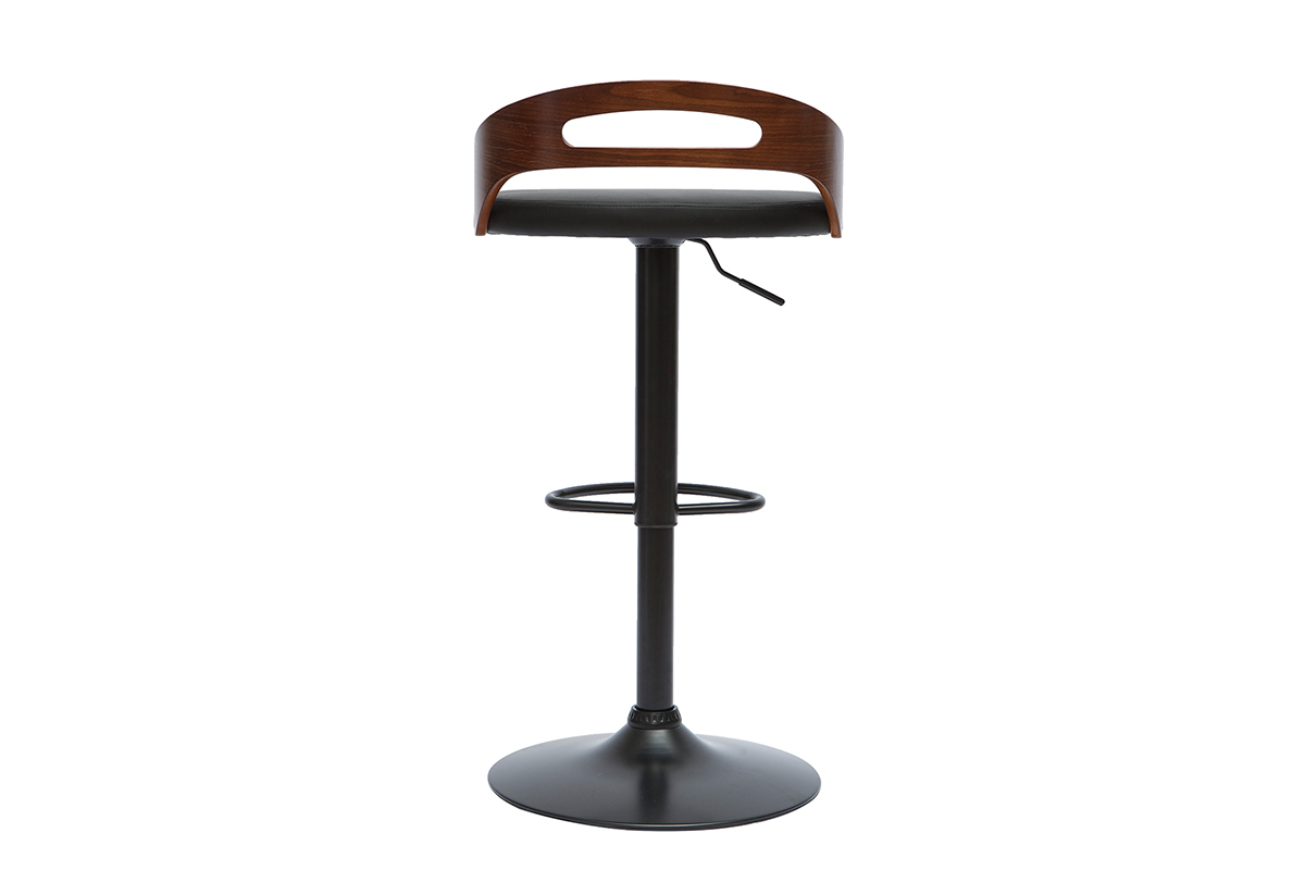 Tabouret de bar MANO noir et bois noyer, vue de dos, pi�tement central en m�tal.