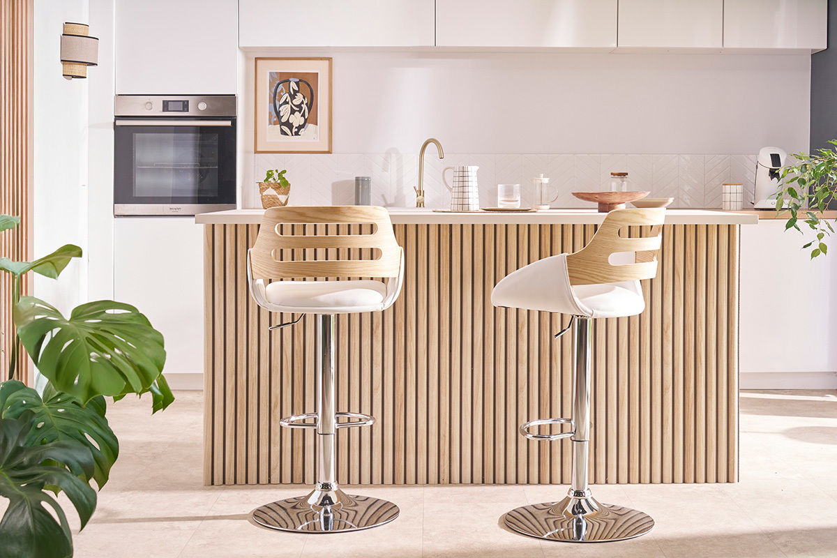 Tabouret de bar relevable design blanc et ch�ne PERNIK