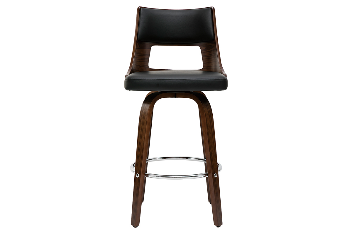 Tabouret de bar vintage pivotant noir et bois fonc�, vue de face.