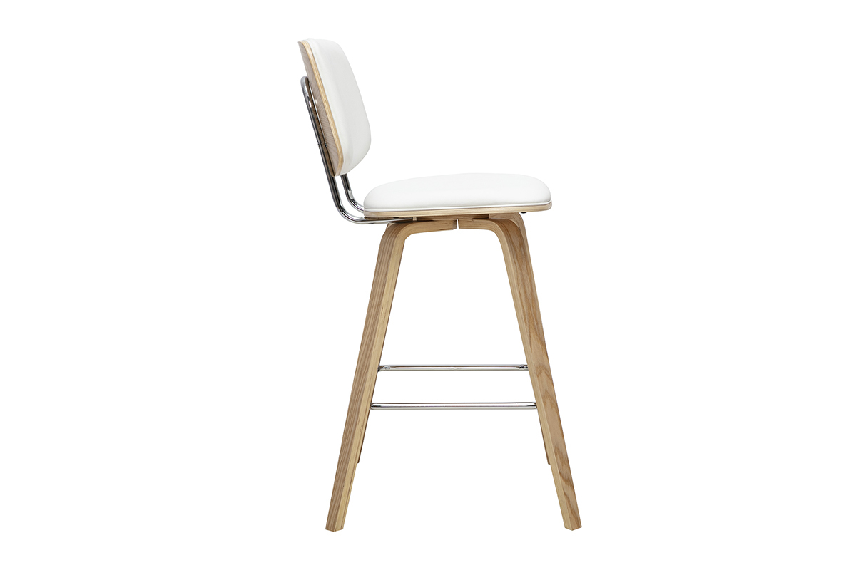 Tabouret de bar blanc et bois clair vue de profil, hauteur 66 cm, design moderne.