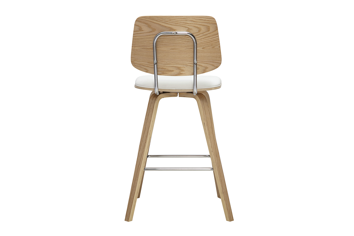Tabouret de bar blanc et bois clair vue de dos, avec structure en m�tal chrom�.