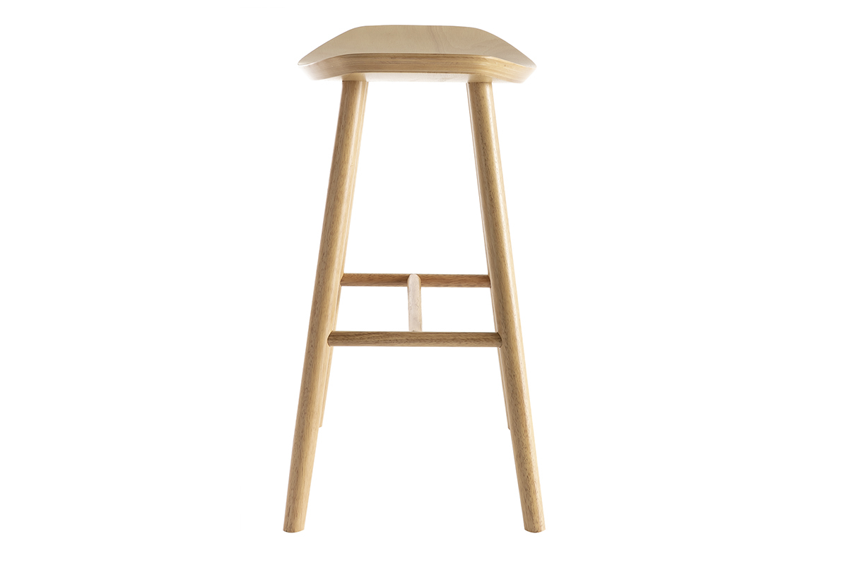 Tabouret de bar en bois clair, vue de profil, avec repose-pied et design incurv�.