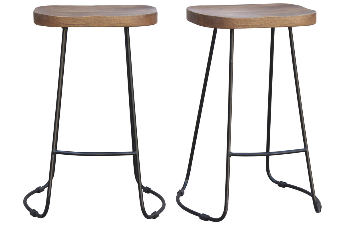 Tabourets de bar bois manguier massif et m�tal 65 cm (lot de 2) RUNKO